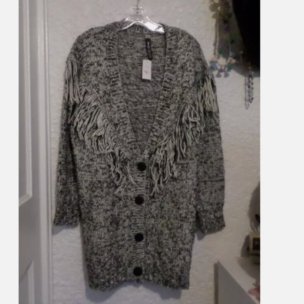 Design Lab Black & White Fringe Oversized Cardigan Sz L NWT